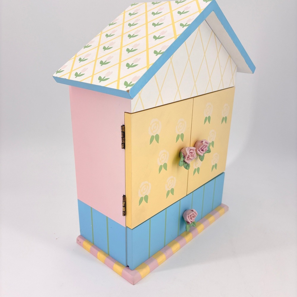 Hand Painted Wooden House Jewelry Box Trinket Storage with Roses Cottagecore 90s - Picture 8 of 10